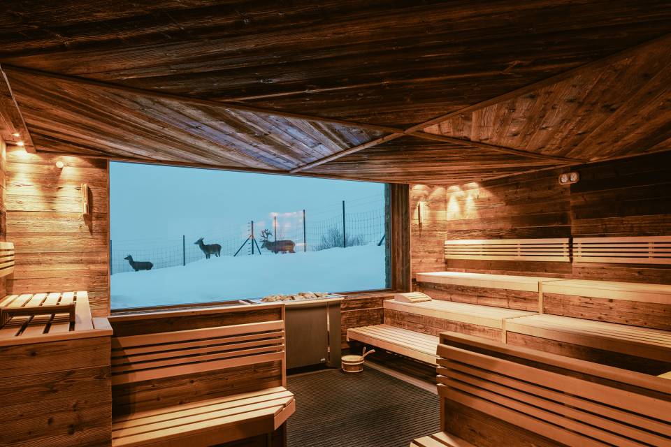 Sauna im Winter mit Hirschen im Schnee